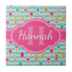 Colorful Ice Pop Pattern met Roze Monogram Tegeltje