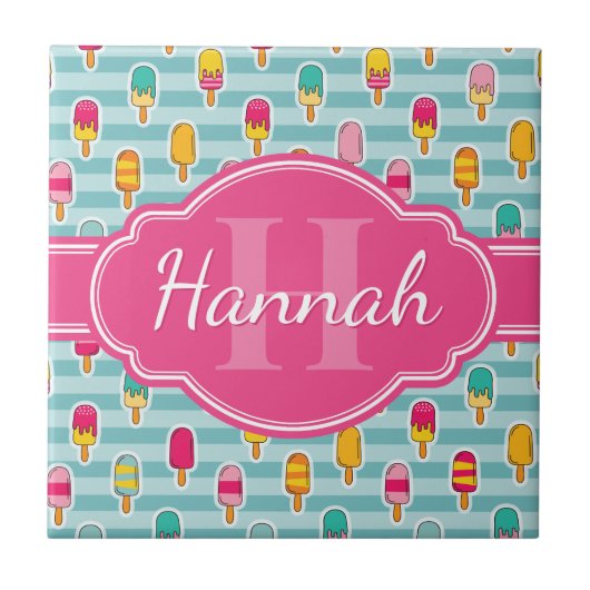 Colorful Ice Pop Pattern met Roze Monogram Tegeltje (Voorkant)