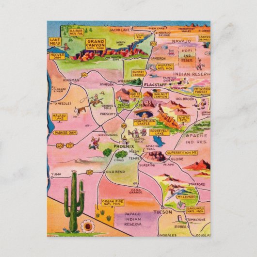 Colorful Illustrated Arizona Map Postcard Briefkaart (Voorkant)