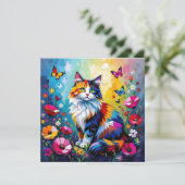 Colorful Impasto Cat, Flowers and Butterflies Kaart (Staand voorkant)