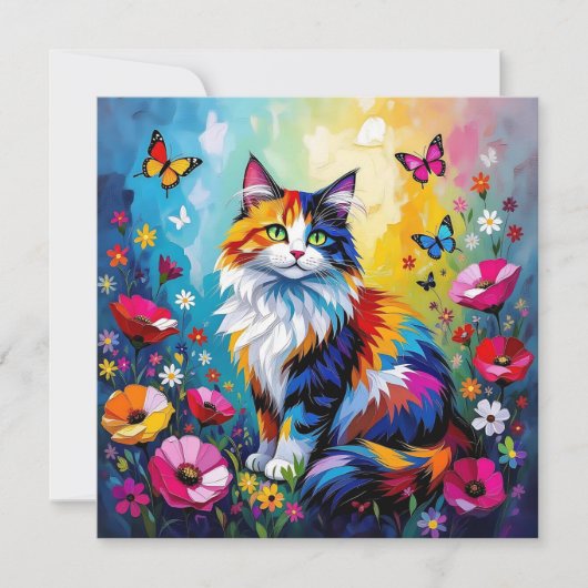 Colorful Impasto Cat, Flowers and Butterflies Kaart (Voorkant)