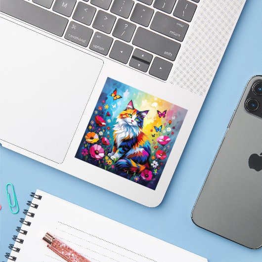 Colorful Impasto Cat, Flowers and Butterflies Sticker (Laptop met iPhone)