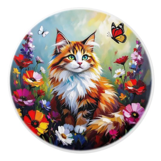 Colorful Impasto Folk Art Cat   Keramische Knop (Voorkant)