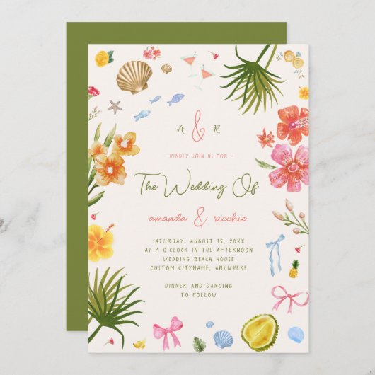 Colorful Island Whimsical Beach Tropical Wedding Kaart (Voorkant / Achterkant)