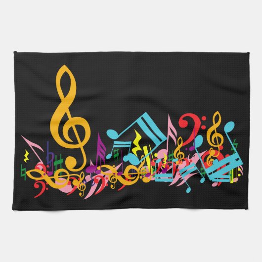 Colorful Jumked-Muzieknoten op zwart Theedoek (Horizontaal)