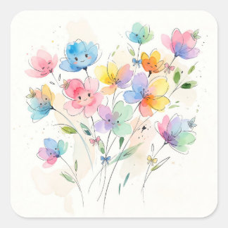 Colorful Kawaii Smiling Flowers Bunch Vierkante Sticker