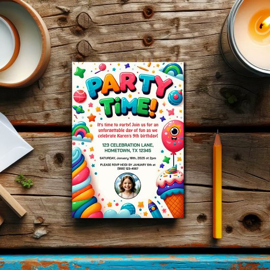 Colorful Kids Birthday Party Photo Invitation Kaart