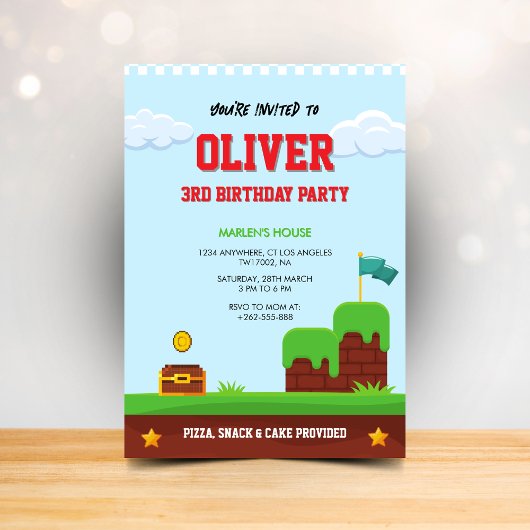 Colorful kids video game birthday invitation kaart