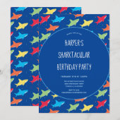 Colorful Kinder Cartoon Shark Birthday Party Kaart (Voorkant / Achterkant)