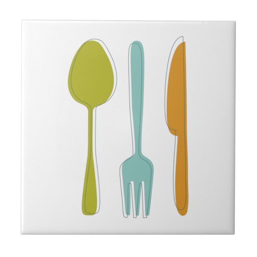 Colorful Kitchen Utiers Fork Knife Spoon Retro Tegeltje (Voorkant)