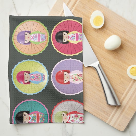 Colorful Kokeshi Dolls Theedoek (Quarter Fold)