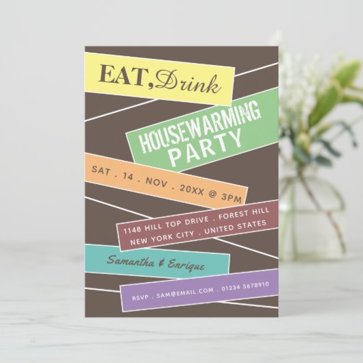 Colorful Label, Housewarming Party Invite Aankondiging (Staand voorkant)