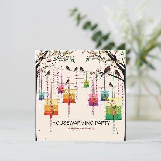 Colorful Lantern Cherry Tree Birds Housewarming Kaart (Staand voorkant)