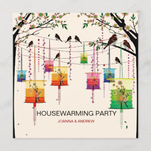 Colorful Lantern Cherry Tree Birds Housewarming Kaart