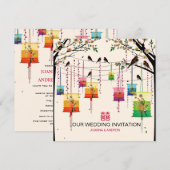Colorful Lantern Cherry Tree Birds Spring Wedding Kaart (Voorkant / Achterkant)