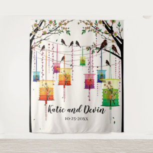 Colorful Lantern Cherry Tree Birds Wedding/Shower Wandkleed