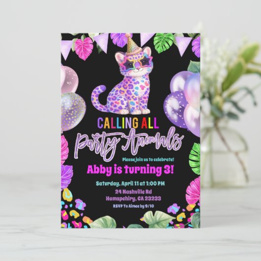Colorful Leopard Birthday Invitation Kaart (Staand voorkant)