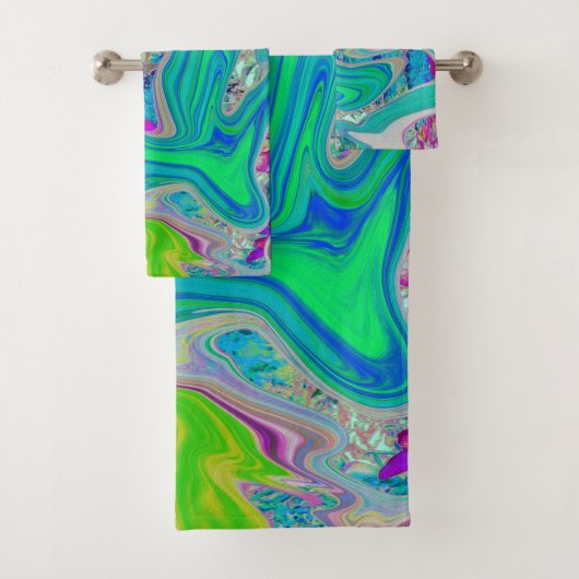 Colorful Lime Green Abstract Retro Liquid Art Bad Handdoek (Insitu)