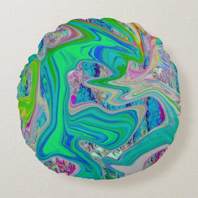 Colorful Lime Green Abstract Retro Liquid Art Rond Kussen (Voorkant)