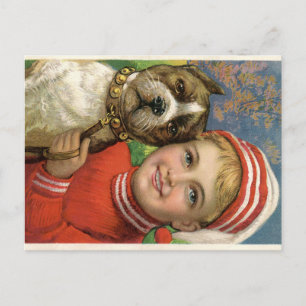 Colorful Lithograaf van Young Boy and Dog Briefkaart