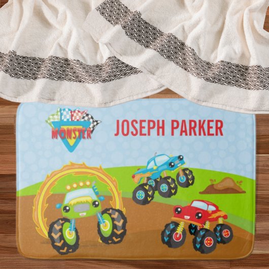 Colorful Little Boy Monster Trucks met voornaam Badmat