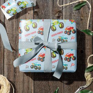 Colorful Little Boy Monster Trucks met voornaam Cadeaupapier