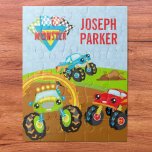 Colorful Little Boy Monster Trucks met voornaam Legpuzzel<br><div class="desc">Voeg een beetje lol toe aan de slaapkamer van je kleine jongen met deze leuke puzzel met drie kleurrijke monstertrucks. Er rijdt een groene monstertruck door een brandring, een rode monstervrachtwagen die kijkt, en een blauwe monstertruck die over een vuilnisbelt springt. In de linker bovenzijde zijn er ook gecheckte racingvlaggen...</div>