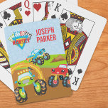 Colorful Little Boy Monster Trucks met voornaam Pokerkaarten<br><div class="desc">Voeg een beetje lol toe aan de slaapkamer van je kleine jongen met deze leuke set speelkaarten met drie kleurrijke monstertrucks. Er rijdt een groene monstertruck door een brandring, een rode monstervrachtwagen die kijkt, en een blauwe monstertruck die over een vuilnisbelt springt. In de linker bovenzijde zijn er ook gecheckte...</div>
