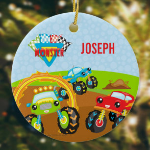 Colorful Little Boy Monster Trucks noemen Kerstnaa Keramisch Ornament