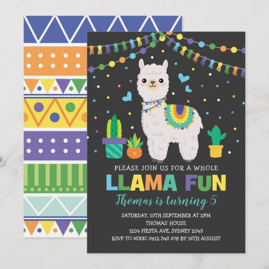 Colorful Llama Birthday Party / Boy Fiesta Alpaca Kaart (Voorkant / Achterkant)