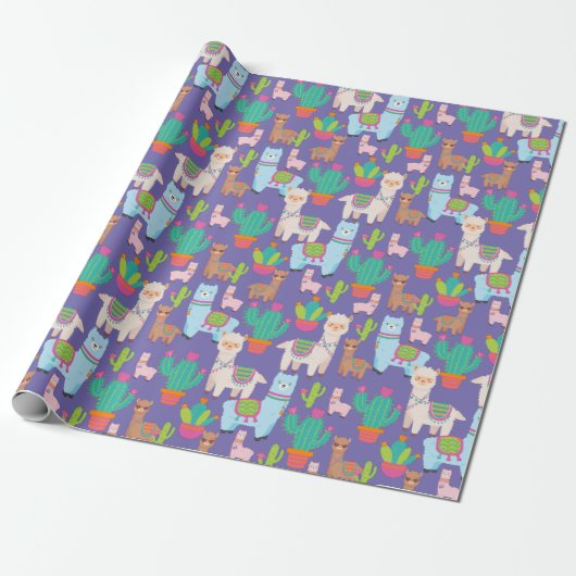Colorful Llama en Cactus Pattern Cadeaupapier (Uitgerold)