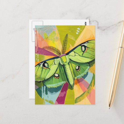 Colorful Luna Moth Painting Briefkaart (Voorkant / Achterkant in situ)