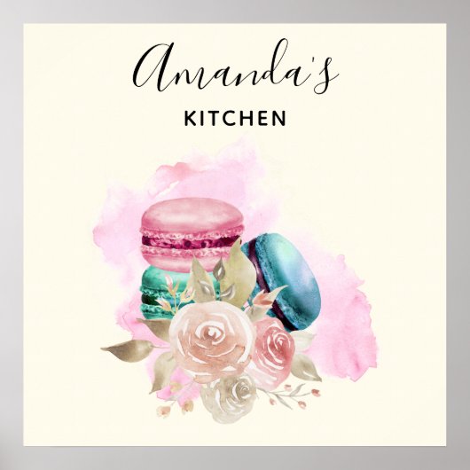 Colorful Macarons en Flowers Waterverf Kitchen Poster (Voorkant)