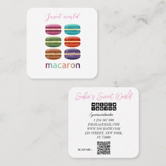 Colorful Macarons Sweets Qr Code Modern Square Vierkante Visitekaartje (Voorkant / Achterkant)