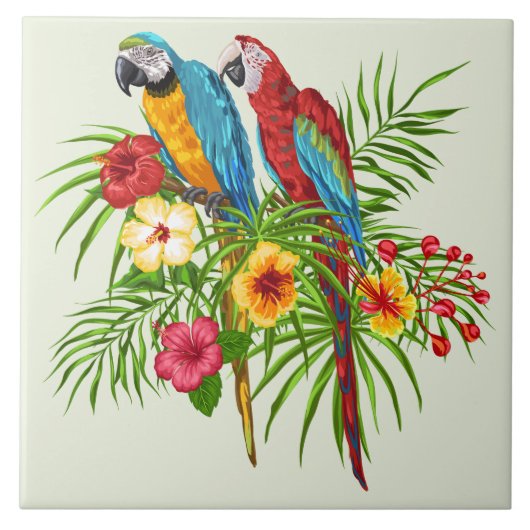 Colorful Macaw Parrots en Hibiscus Flowers Tegeltje (Voorkant)