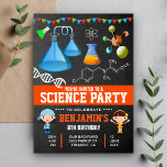 Colorful Mad Science Kids Birthday Party Kaart<br><div class="desc">Verrijk je gasten met deze coole uitnodiging voor een wetenschaps-verjaardagsfeestje met kleurrijke laboratoriumapparatuur en schattige kinderen tegen een achtergrond van een krijtbord. Voeg eenvoudig uw gebeurtenisdetails op deze makkelijk te gebruiken sjabloon toe om het één-van-een-soort uitnodiging te maken. Draai de kaart om een kleurrijk strepenpatroon op de achterkant van de...</div>
