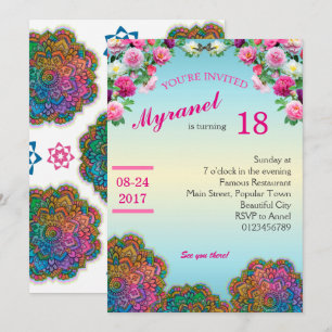 Colorful Mandala Birthday Uitnodiging met bloemen