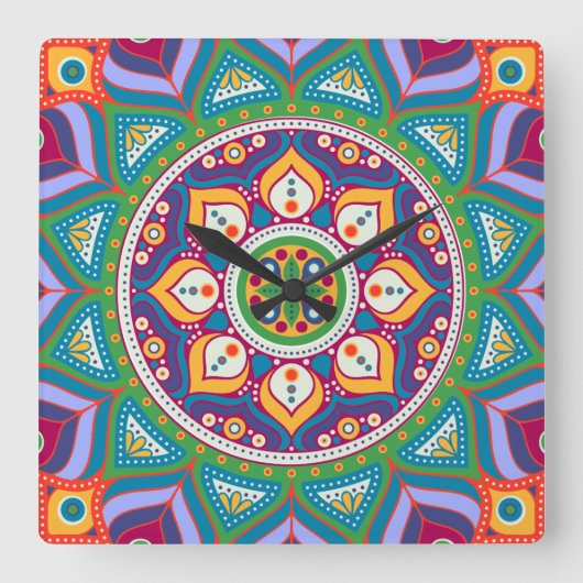Colorful Mandala Clock Vierkante Klok (Voorkant)