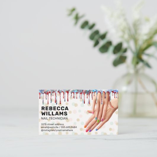 Colorful Manicured Hands | Nail Poland Drip Visitekaartje (Staand voorkant)