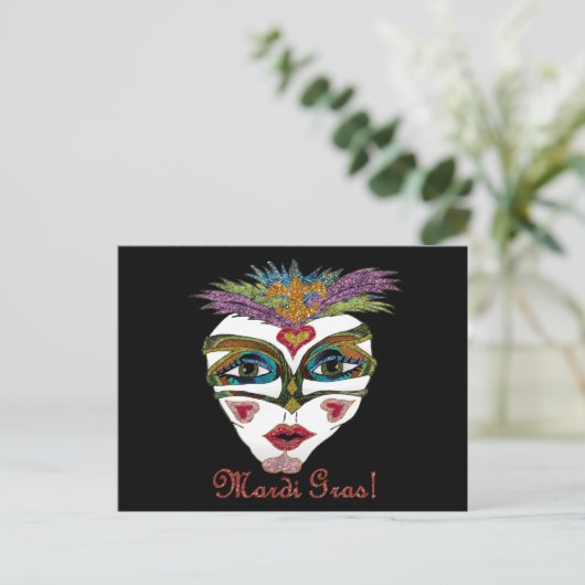 Colorful Mardi Gras Glitter Feather Mask Briefkaart (Staand voorkant)