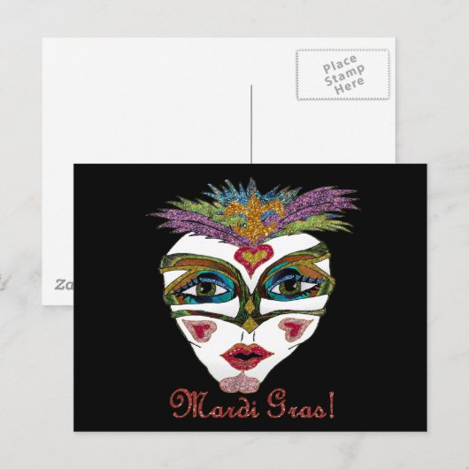 Colorful Mardi Gras Glitter Feather Mask Briefkaart (Voorkant / Achterkant)