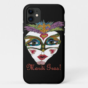 Colorful Mardi Gras Glitter Feather Mask iPhone 11 Hoesje