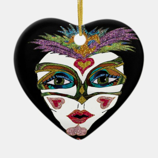 Colorful Mardi Gras Glitter Feather Mask Keramisch Ornament (Voorkant)