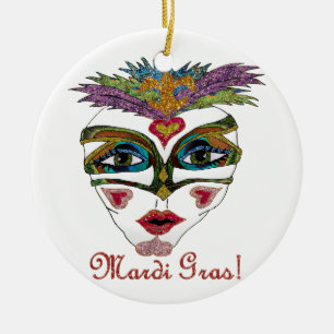 Colorful Mardi Gras Glitter Feather Mask Keramisch Ornament