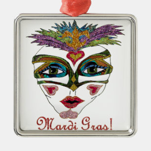 Colorful Mardi Gras Glitter Feather Mask Metalen Ornament