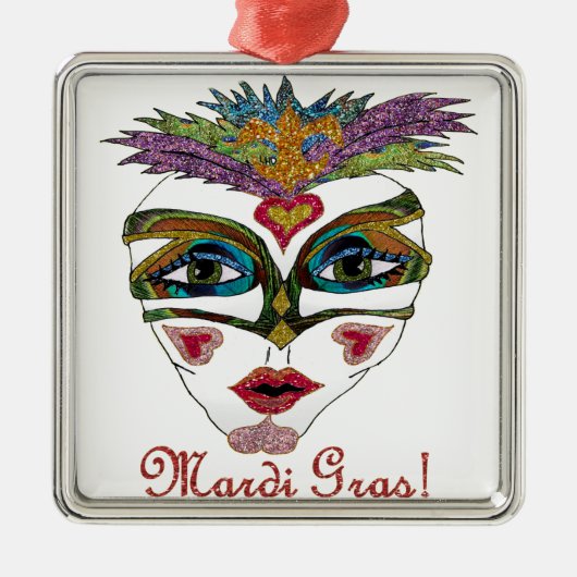Colorful Mardi Gras Glitter Feather Mask Metalen Ornament (Voorkant)
