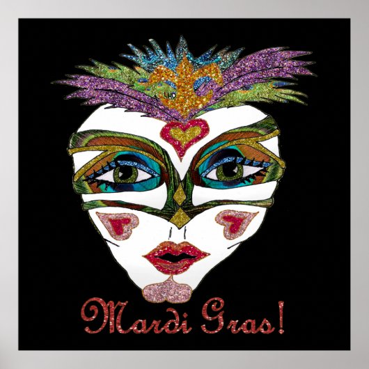 Colorful Mardi Gras Glitter Feather Mask Poster (Voorkant)