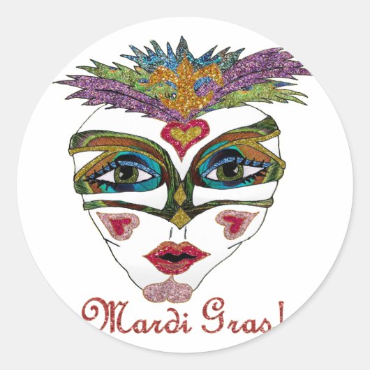Colorful Mardi Gras Glitter Feather Mask Ronde Sticker (Voorkant)
