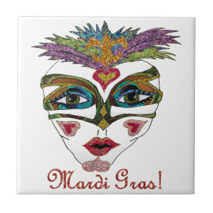 Colorful Mardi Gras Glitter Feather Mask Tegeltje