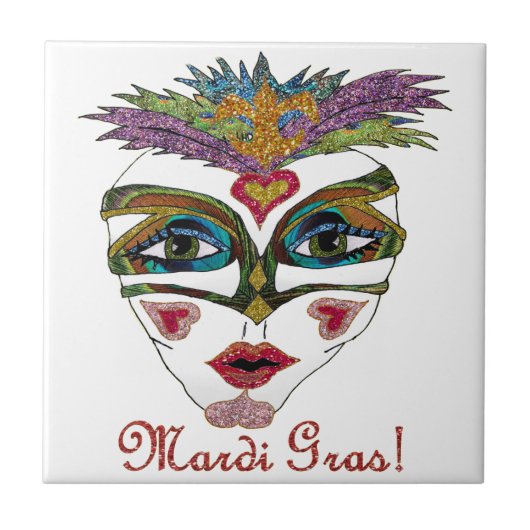 Colorful Mardi Gras Glitter Feather Mask Tegeltje (Voorkant)